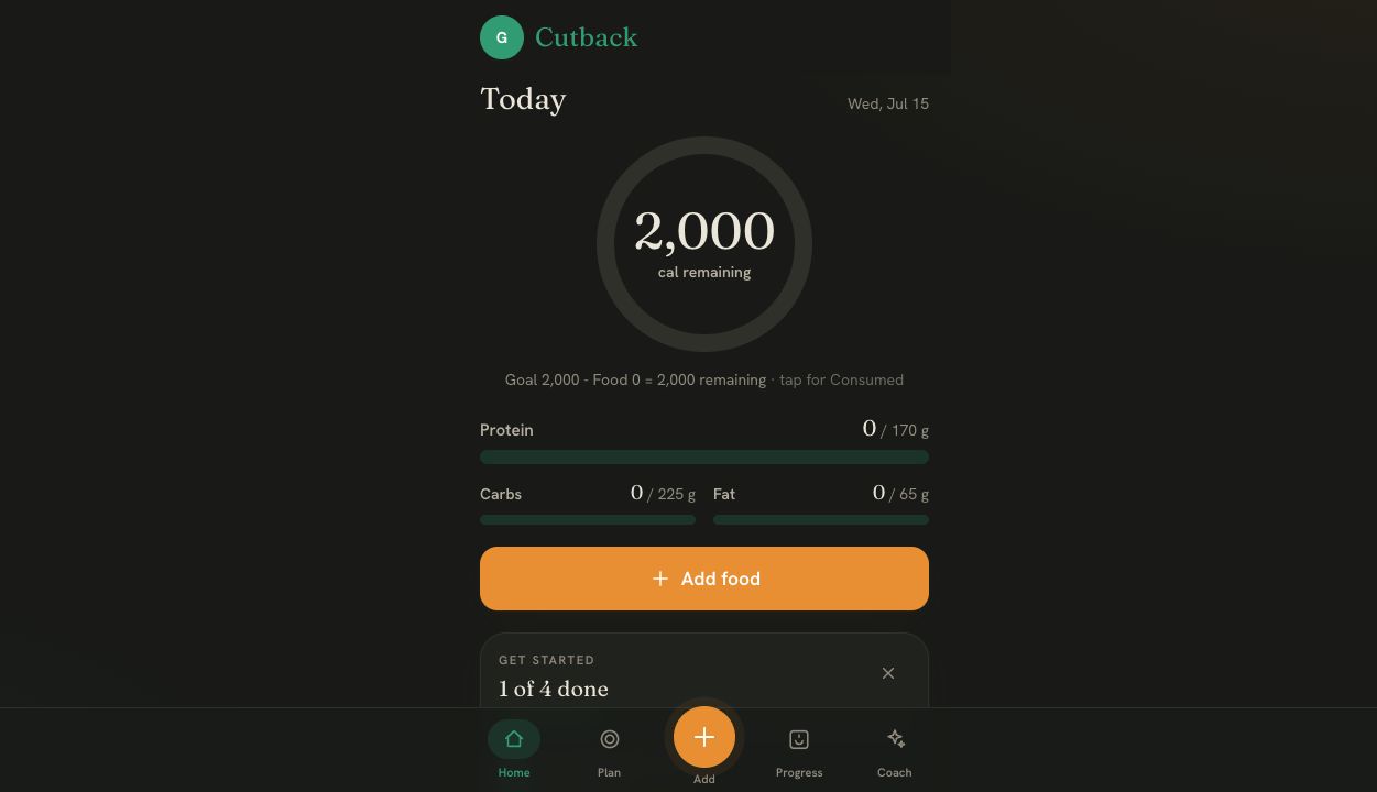 Cutback’s live first-run dashboard with calorie and macro targets