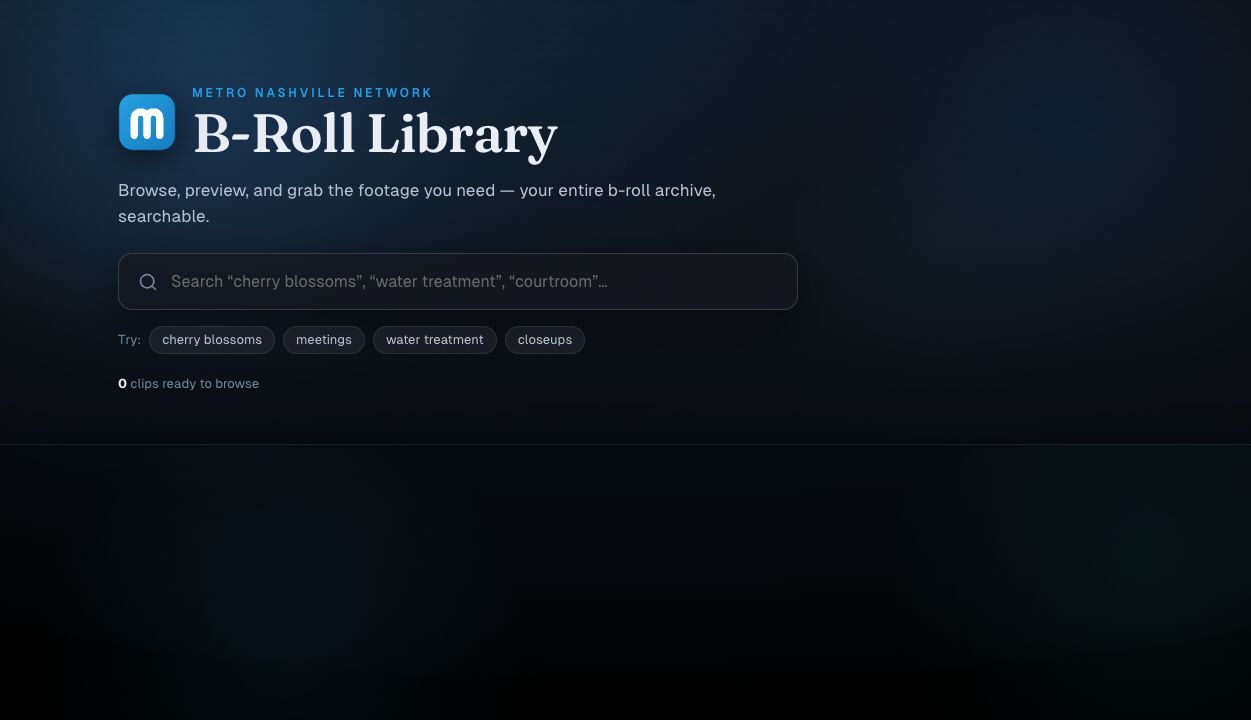 MNN B-Roll Library’s actual search interface for the Metro Nashville footage archive