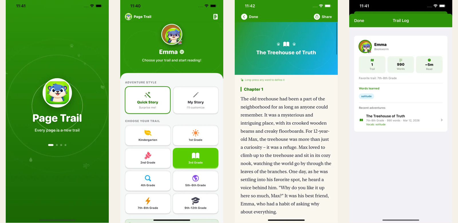 PageTrail App Store screenshots showing story creation, reader, and Trail Log
