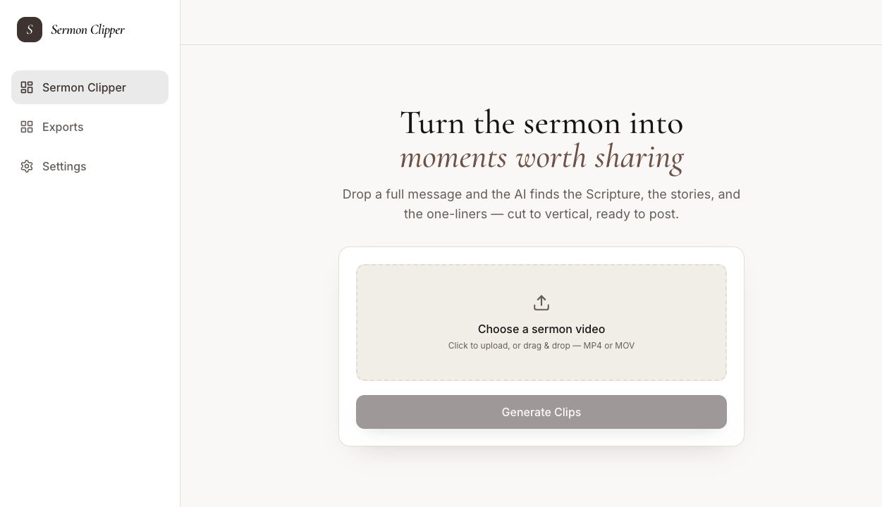 Actual Sermon Clipper workspace with sermon upload and Generate Clips action